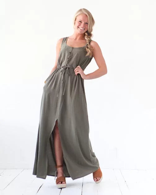 True Bias Southport Dress sewing pattern with button-front closure, drawstring waist, inseam pockets, mid-length and maxi-length options