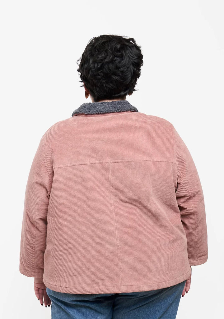 Grainline Studio Thayer Jacket sewing pattern sizes 14–30 with A-line shape, patch and yoke pockets, two-piece sleeves, fully lined for warmth