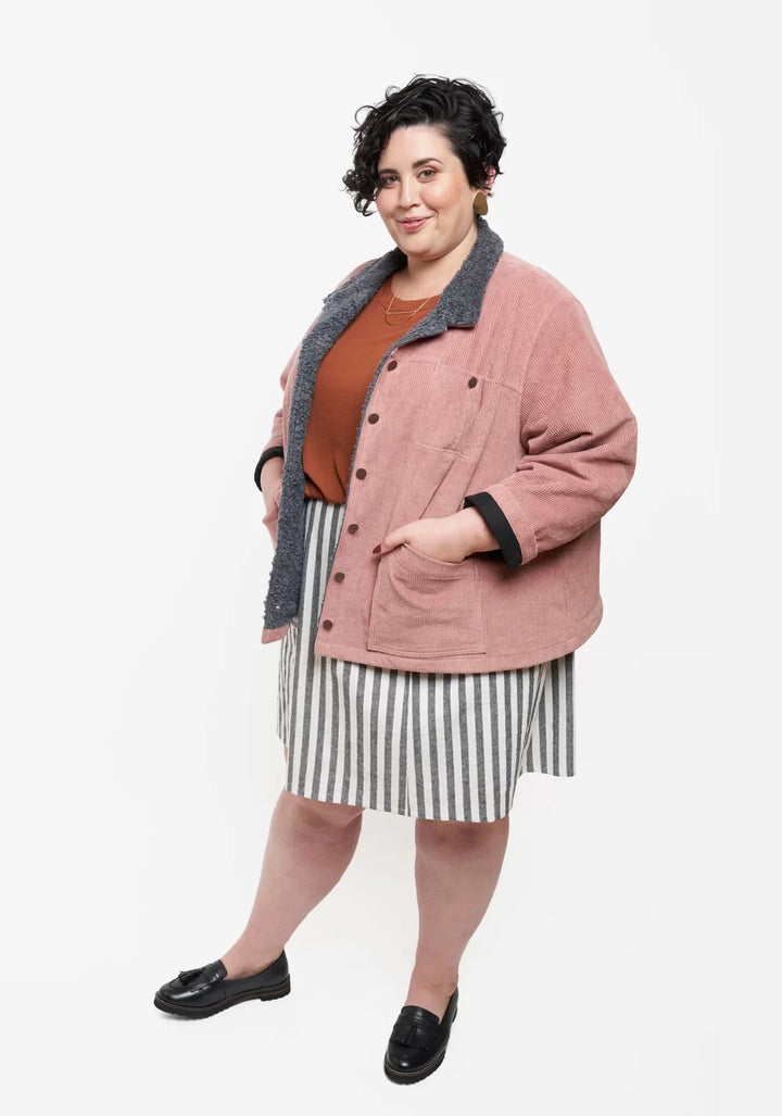 Grainline Studio Thayer Jacket sewing pattern sizes 14–30 with A-line shape, patch and yoke pockets, two-piece sleeves, fully lined for warmth
