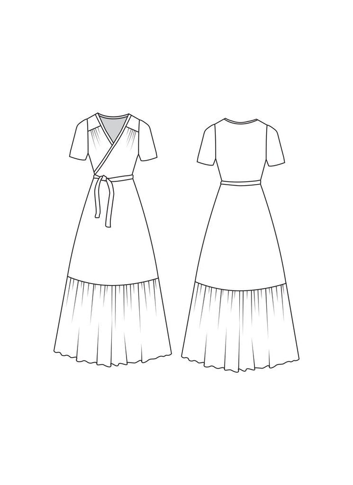 Friday Pattern Co. Westcliff Dress sewing pattern with faux wrap front, A-line skirt, optional gathered tier, tie belt, and sizes XS–4X