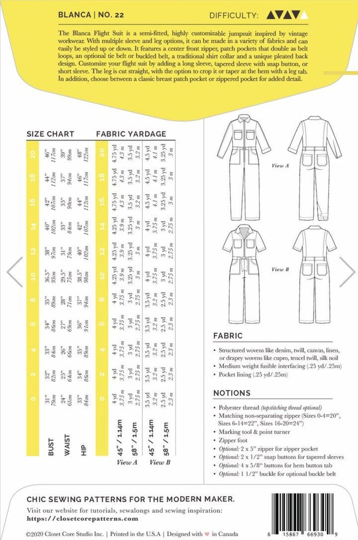Closet Core Blanca Flight Suit sewing pattern – customizable boiler suit with sleeve, leg, and pocket variations