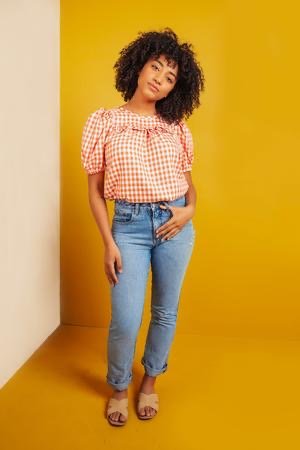Friday Pattern Co. Sagebrush Top sewing pattern – puff sleeve blouse with gathered front detail, sizes XS–7X