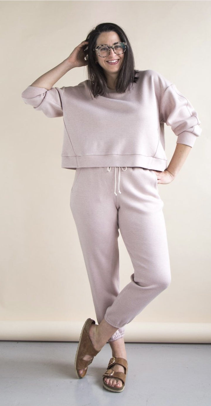 Closet Core Mile End Sweatshirt sewing pattern – oversized sweatshirt with crewneck, gathered band, and hoodie variation