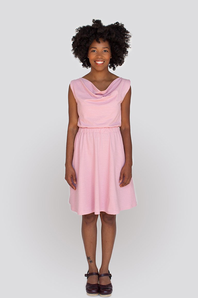 Colette Myrtle Dress in soft knit fabric with cowl neckline and elastic waist, knee-length version displayed