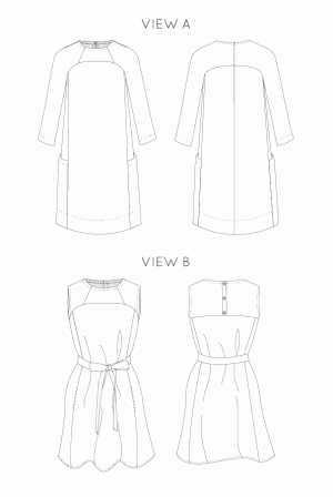 In the Folds Rushcutter Dress sewing pattern – oversized A-line dress with two style variations and illustrated instructions.