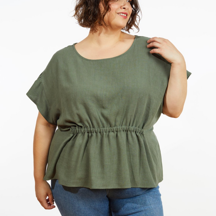 Grainline Studio Corbin Top sewing pattern for sizes 14–32, featuring ruffled cap and 3/4-length sleeve options.