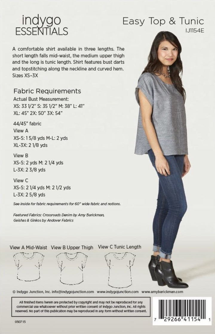 Indygo Essentials Easy Top & Tunic Pattern showing three lengths with bust darts and curved hem