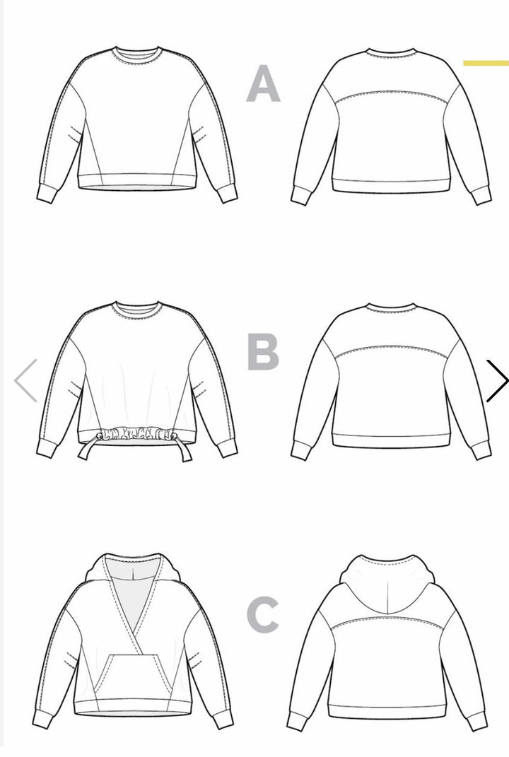 Closet Core Mile End Sweatshirt sewing pattern – oversized sweatshirt with crewneck, gathered band, and hoodie variation