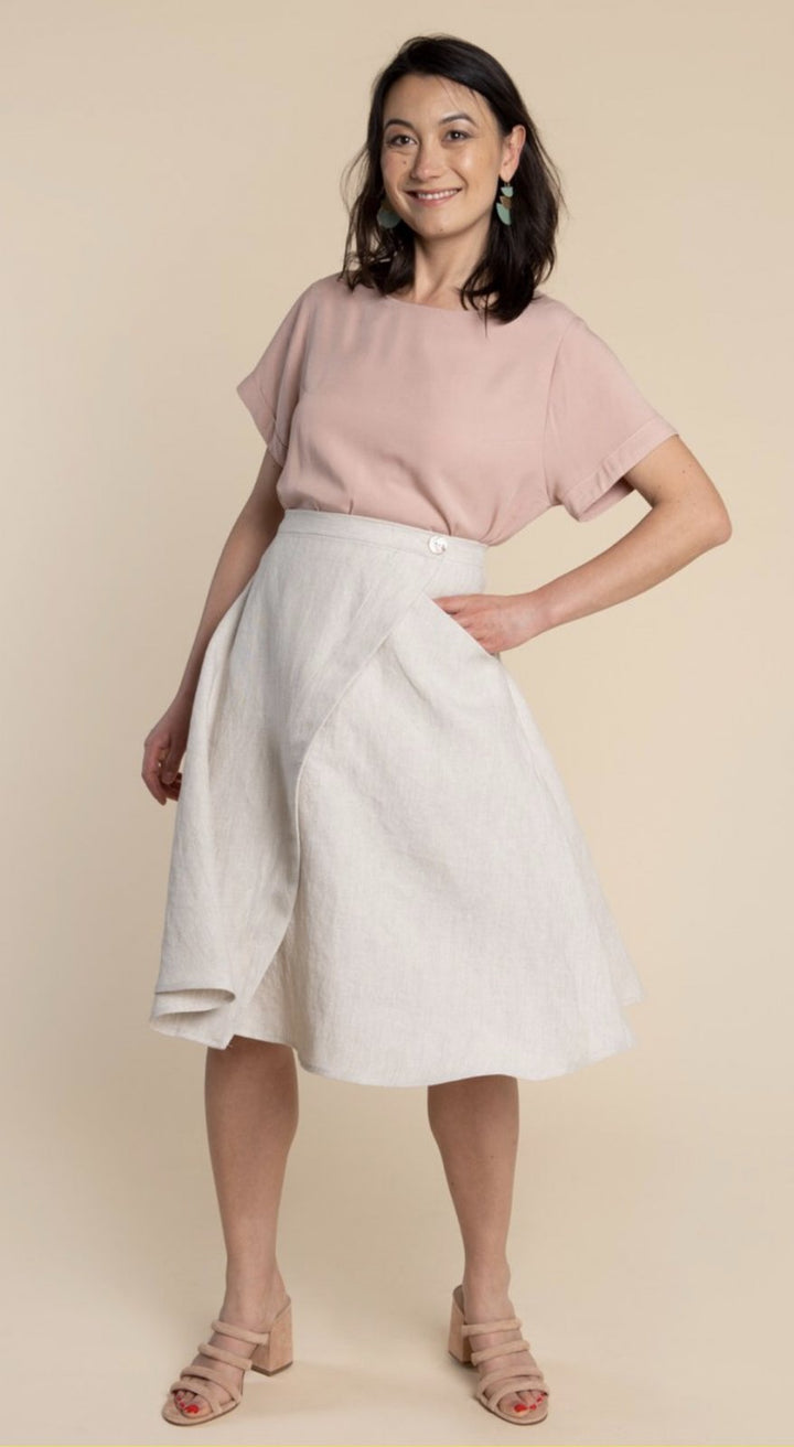Closet Core Fiore Skirt sewing pattern – high-waisted A-line skirt with three variations including wrap, button-front, and classic flare