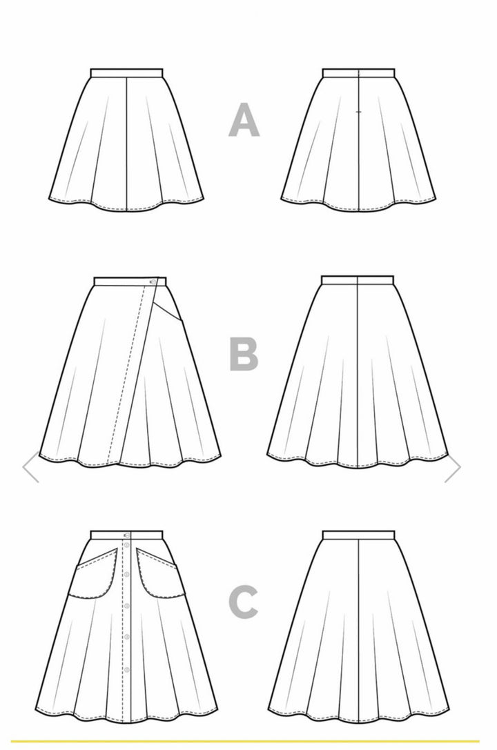 Closet Core Fiore Skirt sewing pattern – high-waisted A-line skirt with three variations including wrap, button-front, and classic flare