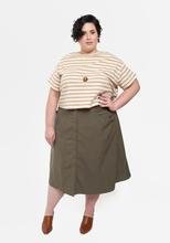 Grainline Studio Reed Skirt sewing pattern sizes 0–18 with inset and patch pockets, button front or invisible zipper closure, medium-weight fabrics