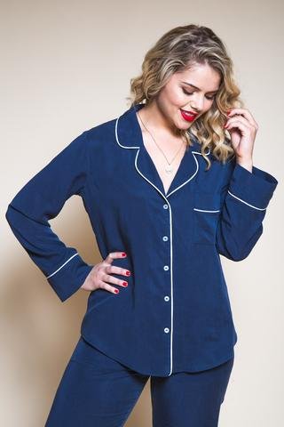 Closet Core Carolyn Pajamas sewing pattern – classic notched-collar pajama set with pants or shorts and optional piping details