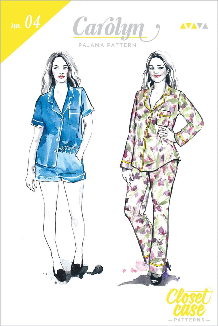 Closet Core Carolyn Pajamas sewing pattern – classic notched-collar pajama set with pants or shorts and optional piping details