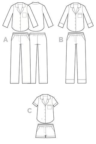 Closet Core Carolyn Pajamas sewing pattern – classic notched-collar pajama set with pants or shorts and optional piping details
