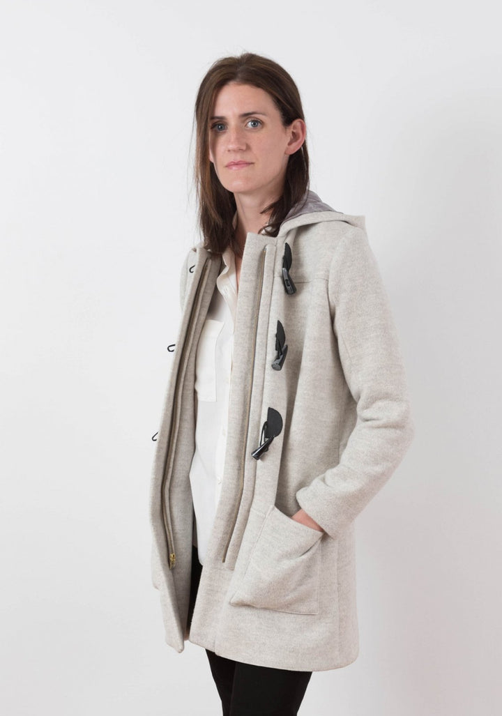 Grainline Studio Cascade Duffle Coat sewing pattern with toggle closure, hidden zipper band, A-line cut, and interchangeable hood or collar