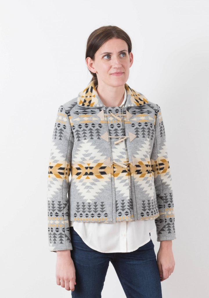 Grainline Studio Cascade Duffle Coat sewing pattern with toggle closure, hidden zipper band, A-line cut, and interchangeable hood or collar