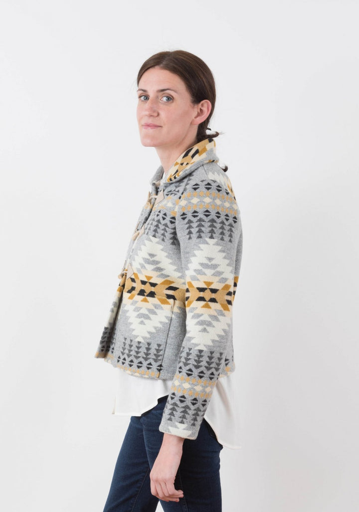 Grainline Studio Cascade Duffle Coat sewing pattern with toggle closure, hidden zipper band, A-line cut, and interchangeable hood or collar