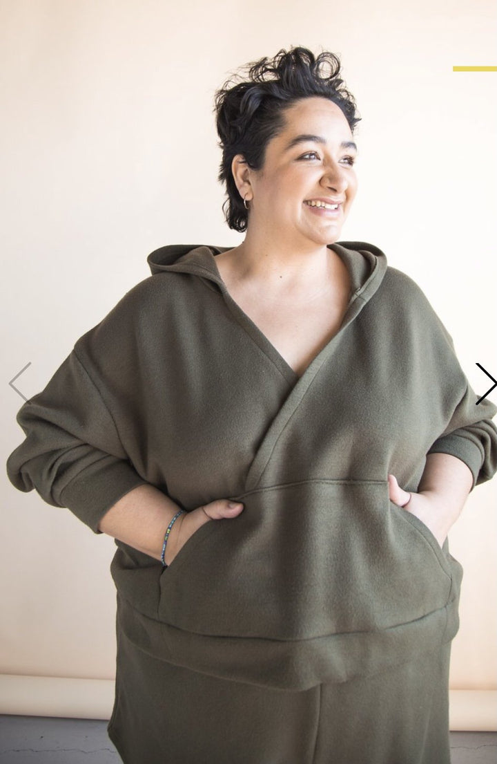Closet Core Mile End Sweatshirt sewing pattern – oversized sweatshirt with crewneck, gathered band, and hoodie variation