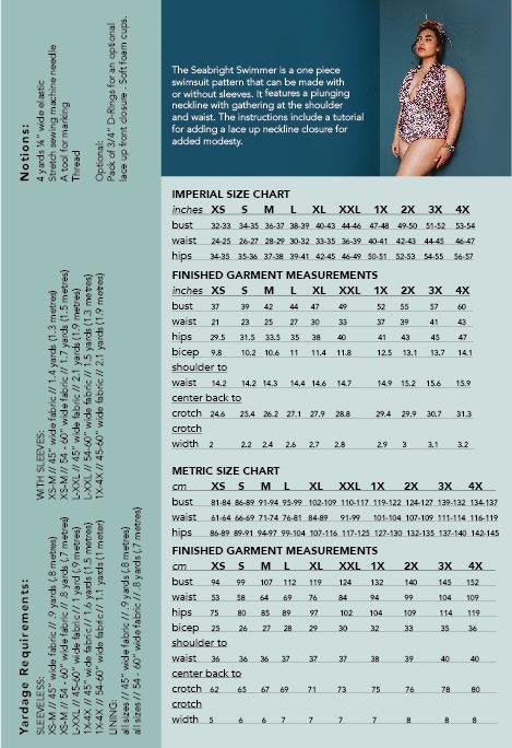 Friday Pattern Co. Seabright Swimmer one-piece swimsuit pattern with optional sleeves, plunging neckline, lace-up closure, sizes XS–4X