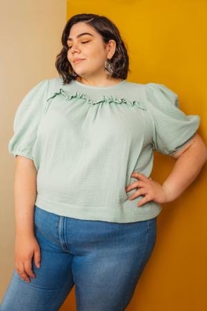 Friday Pattern Co. Sagebrush Top sewing pattern – puff sleeve blouse with gathered front detail, sizes XS–7X
