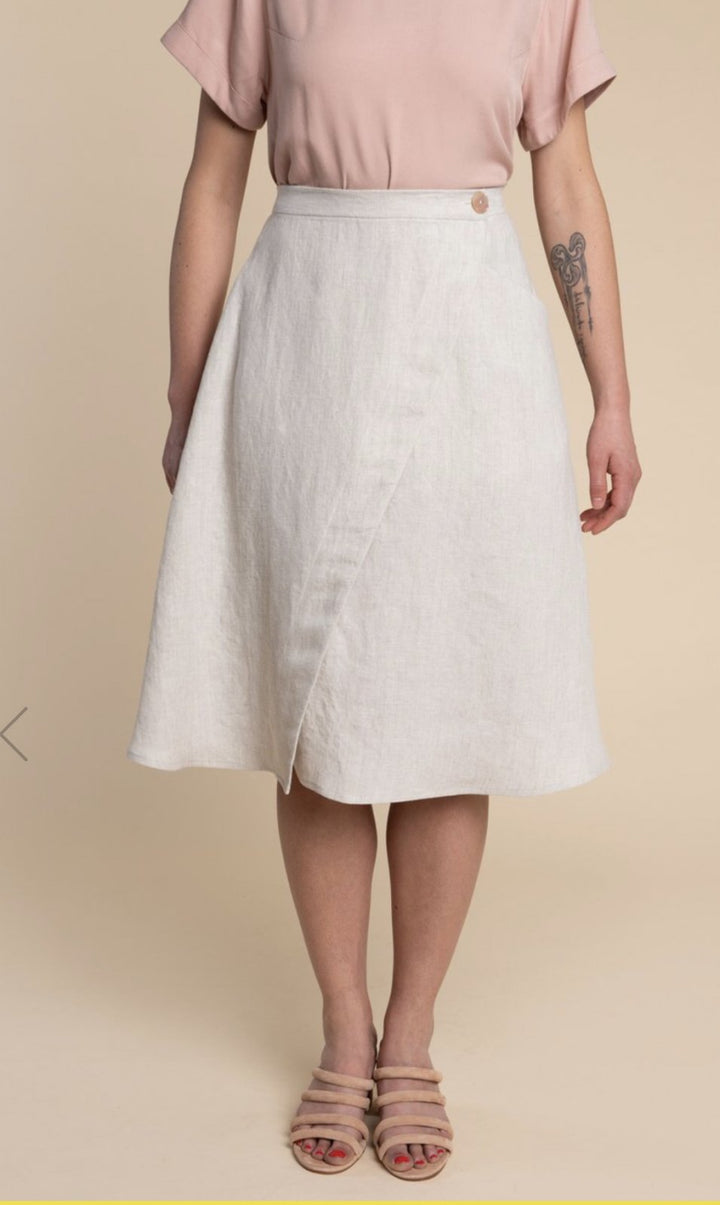 Closet Core Fiore Skirt sewing pattern – high-waisted A-line skirt with three variations including wrap, button-front, and classic flare
