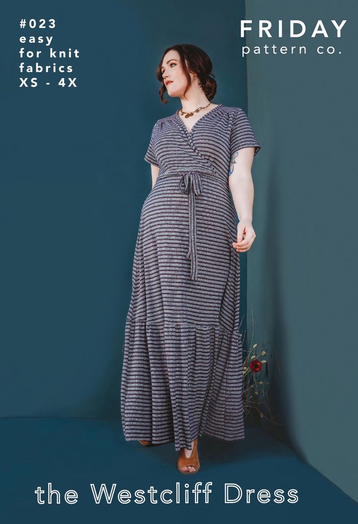 Friday Pattern Co. Westcliff Dress sewing pattern with faux wrap front, A-line skirt, optional gathered tier, tie belt, and sizes XS–4X