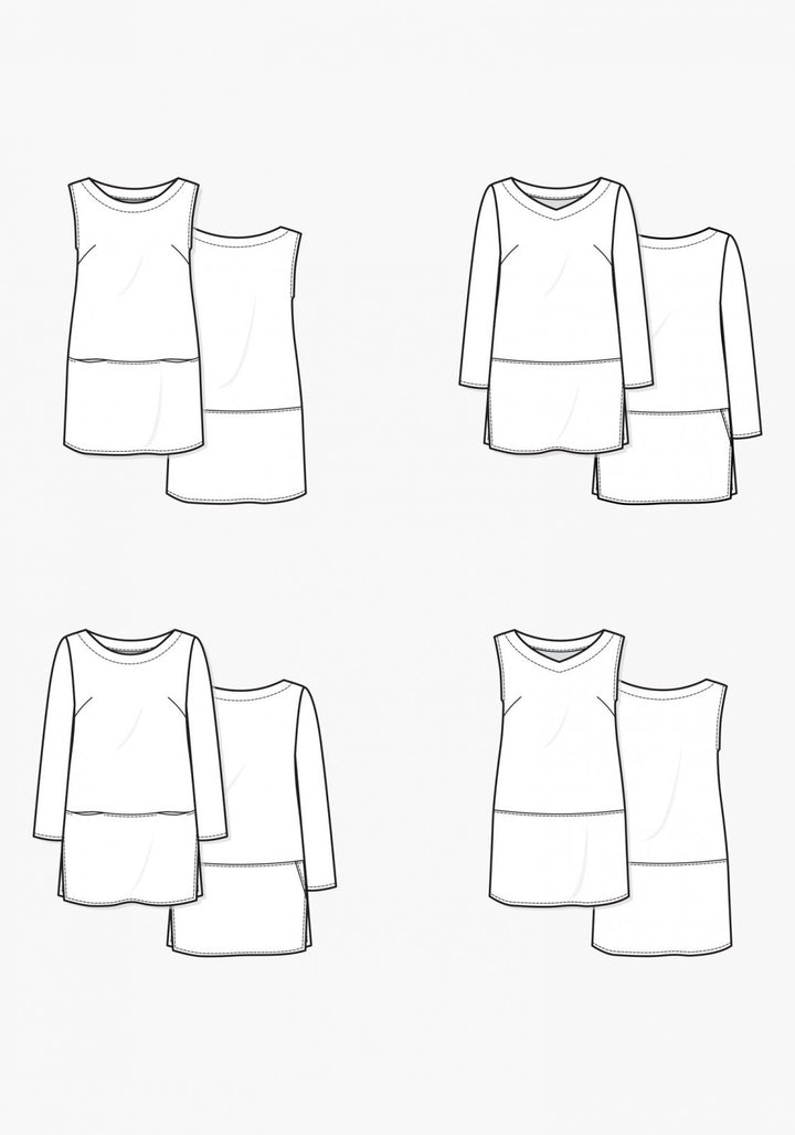 Grainline Studio Uniform Tunic sewing pattern with mix-and-match neckline, skirt, sleeve options, optional pockets, sizes 0–18