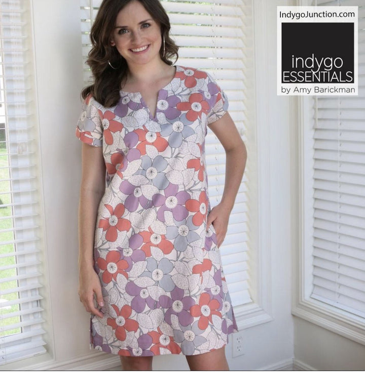 Indygo Essentials Shift Dress with cuffed sleeves, inset pockets, and side vents in mid-weight woven fabric