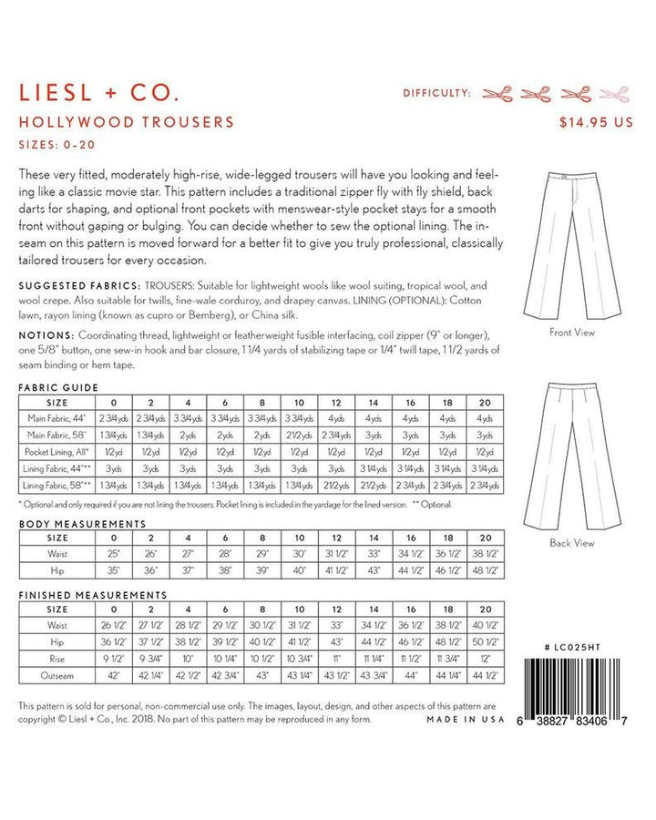 Liesl & Co Hollywood Trousers sewing pattern in lightweight wool with high-rise waist and wide legs