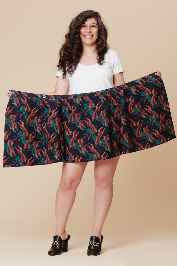 Deer and Doe Agave Skirt sewing pattern with high-waist, asymmetrical panels, reversible or facing finish, sizes 34–46