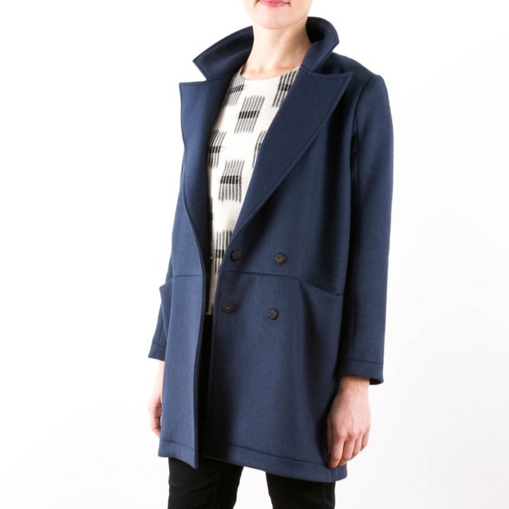 Grainline Studio Yates Coat sewing pattern with oversized lapel, snap closure, inseam pockets, and mid-thigh modern coat design
