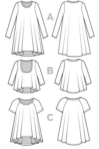 Closet Core Ebony Tee & Knit Dress sewing pattern – versatile drapey top and dress design with multiple neckline and sleeve options