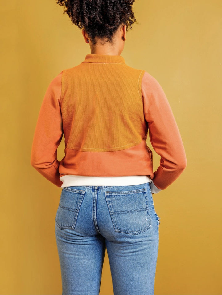 Friday Pattern Co Arlo Track Jacket sewing pattern in knit fabric with sporty collar and front pockets