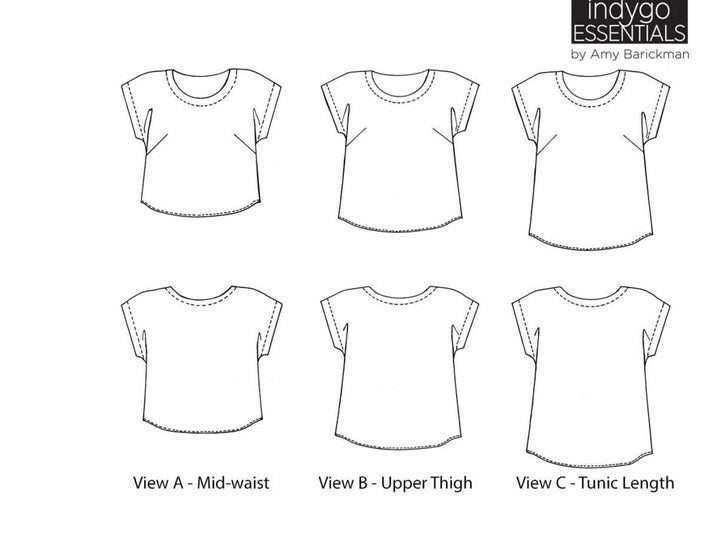 Indygo Essentials Easy Top & Tunic Pattern showing three lengths with bust darts and curved hem