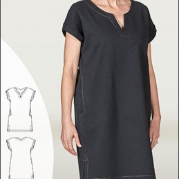 Indygo Essentials Shift Dress with cuffed sleeves, inset pockets, and side vents in mid-weight woven fabric