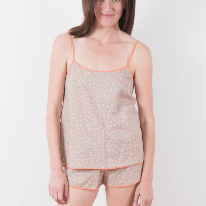 Grainline Studio Lakeside Pajamas sewing pattern with spaghetti strap split-back tank and gym-style shorts in lightweight fabrics