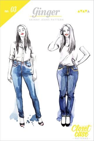 Closet Core Ginger Skinny Jeans sewing pattern – flattering stretch denim jeans with high-rise skinny or low-rise stovepipe options