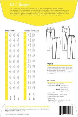 Closet Core Ginger Skinny Jeans sewing pattern – flattering stretch denim jeans with high-rise skinny or low-rise stovepipe options