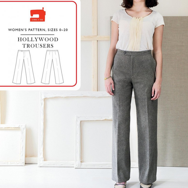 Liesl & Co Hollywood Trousers sewing pattern in lightweight wool with high-rise waist and wide legs