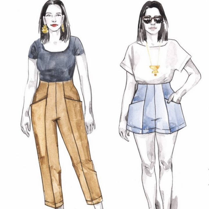 Closet Core Pietra Pants & Shorts sewing pattern – high-waisted trousers and shorts with flat front and elastic back