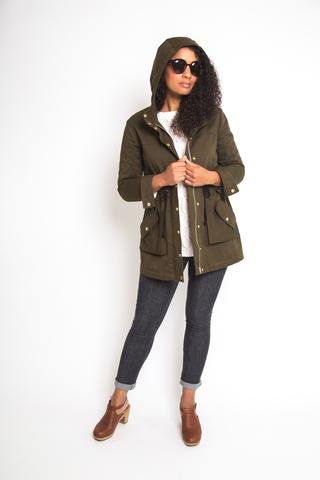 Closet Core Kelly Anorak Jacket sewing pattern – modern lightweight coat with hood, pockets, and drawstring waist