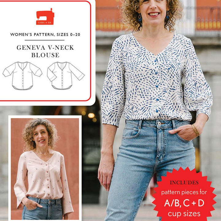 Liesl + Co Geneva V-Neck Blouse sewing pattern with lantern and bell sleeve options