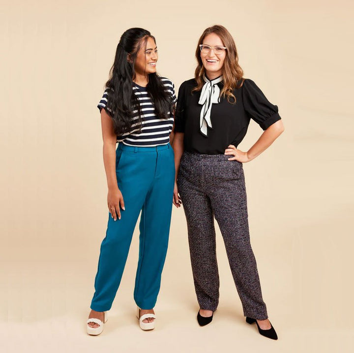 Cashmerette Meriam Trousers sewing pattern with classic details, flex waistband, and straight leg design in sizes 0–16.