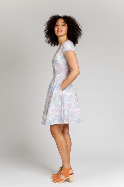 Megan Nielsen Karri Dress sewing pattern with multi-paneled design, princess seams, flared skirt, and color-blocking options
