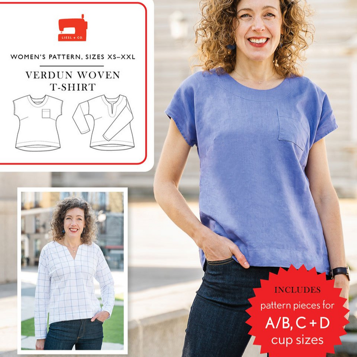 Liesl + Co Verdun Woven T-Shirt sewing pattern with scooped neckline and sleeve options