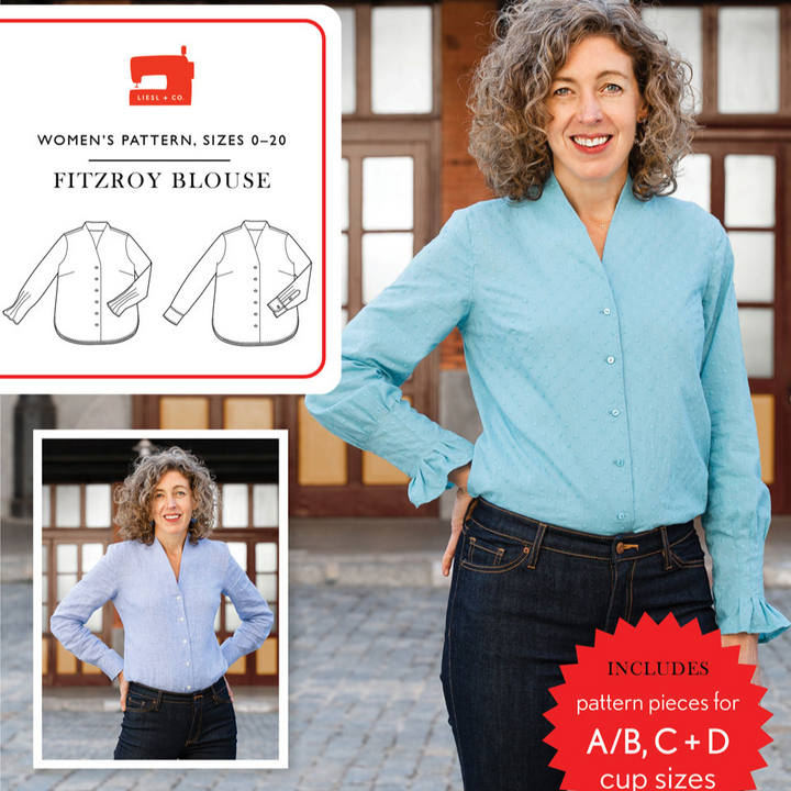 Liesl + Co Fitzroy Blouse sewing pattern with shawl collar and sleeve variations