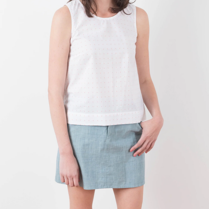 Grainline Studio Moss Skirt sewing pattern featuring semi-fitted design, fly front, and back yoke