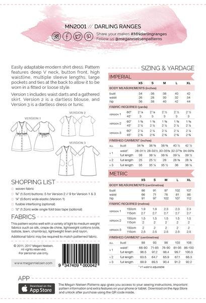 Megan Nielsen Darling Ranges Dress sewing pattern with v-neck, button front, pockets, and adaptable dress, blouse, or tunic variations