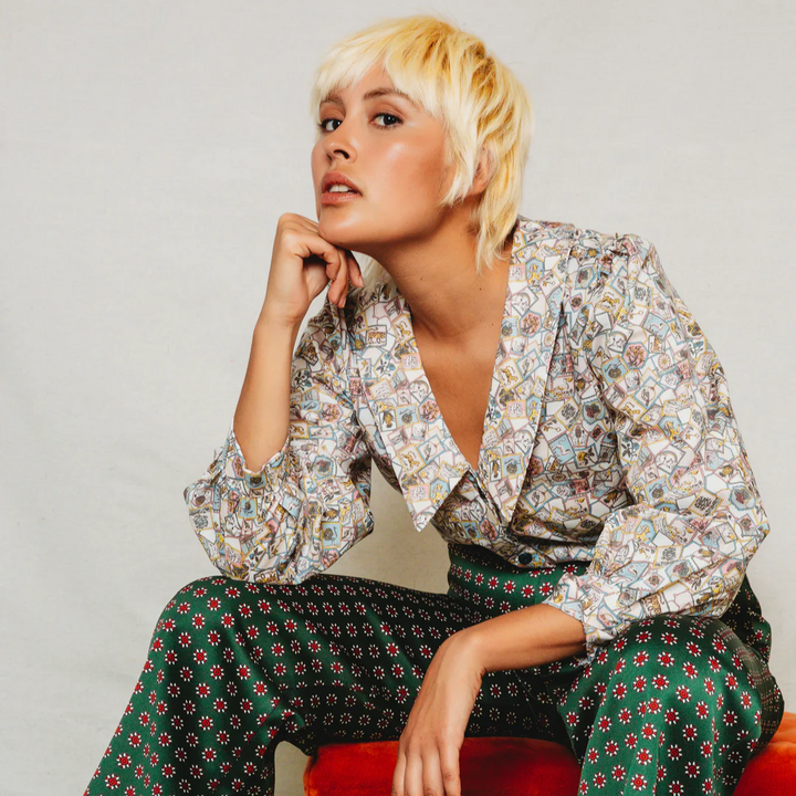 Friday Pattern Co. - The Patina Blouse sewing pattern for collared v-neck button-up top with sleeve and neckline variations in sizes XS–7X