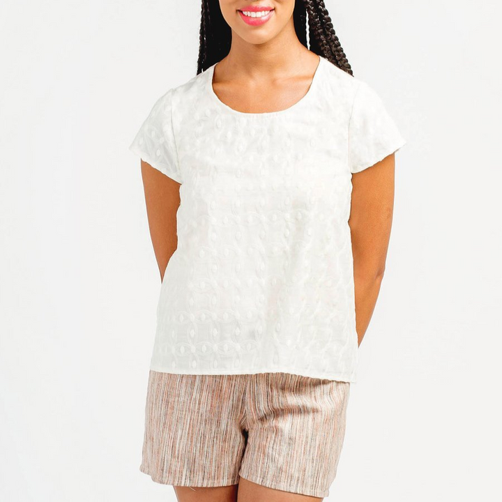 Grainline Studio Scout Tee sewing pattern – woven t-shirt with scoop neckline and capped sleeves